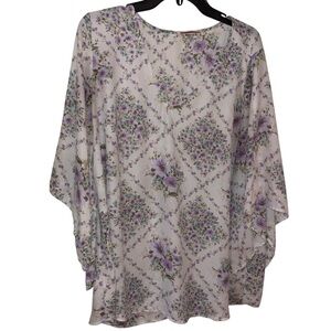 Andrée by Unit Lavender Floral Boho Blouse Kimono Sleeve Cottagecore Top size XL